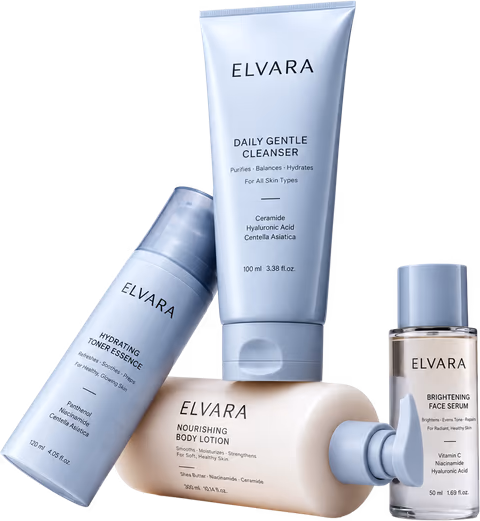 The Elvara cleanser, toner, face serum and body lotion