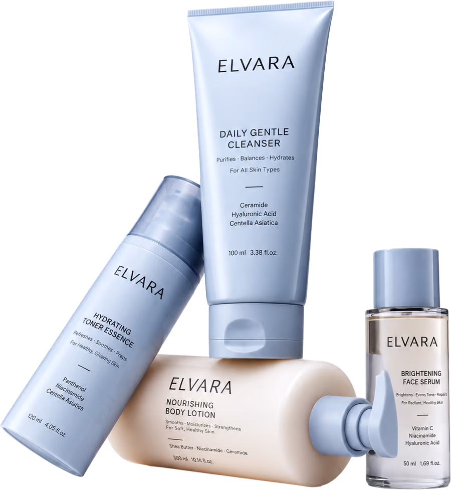 The Elvara cleanser, toner, face serum and body lotion